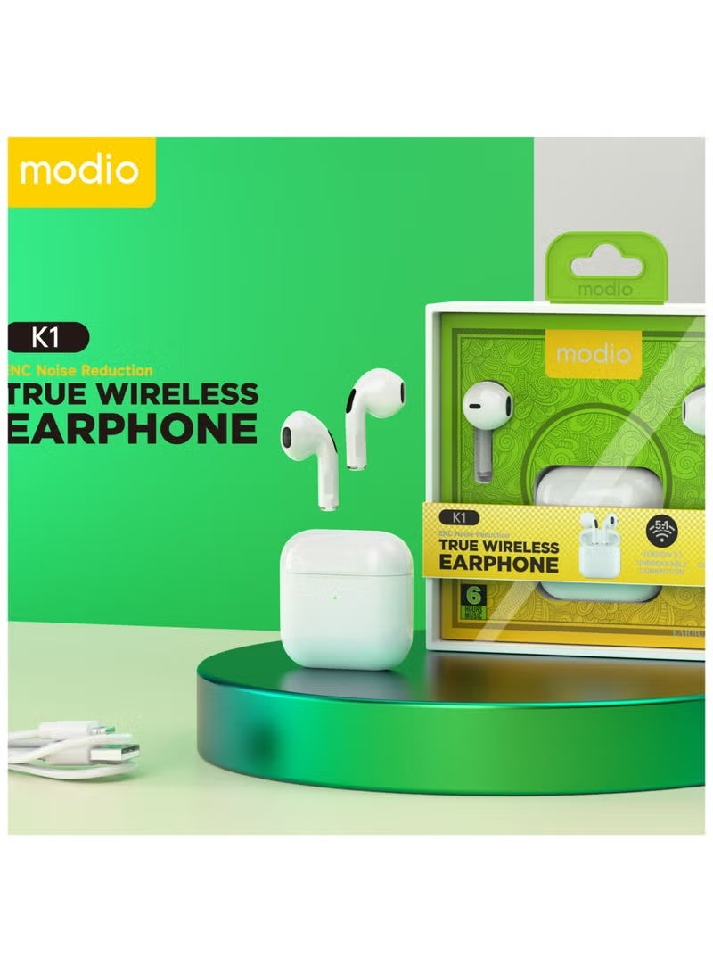 موديو سماعات أذن لاسلكية حقيقية K1 - بيضاء، مريحة داخل الأذن، تحكم باللمس، بلوتوث 5.1 اتصال غير قابل للكسر، صوت ستيريو عالي الدقة، تصميم متين يدوم طويلاً، سماعات رأس لاسلكية للموسيقى والمكالمات - Image 4