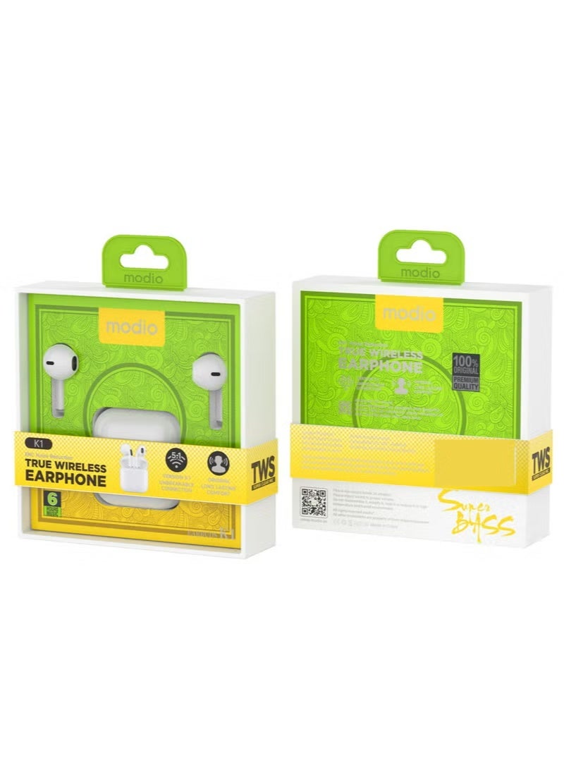 موديو سماعات أذن لاسلكية حقيقية K1 - بيضاء، مريحة داخل الأذن، تحكم باللمس، بلوتوث 5.1 اتصال غير قابل للكسر، صوت ستيريو عالي الدقة، تصميم متين يدوم طويلاً، سماعات رأس لاسلكية للموسيقى والمكالمات - Image 1