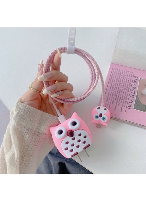 Three-dimensional Pattern Data Cable Protective Cover For Apple 20W Charger Charging Head IPhone16Promax Soft-Specifications:Pink Owl