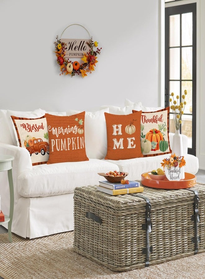 Bonhause Fall Thanksgiving Throw Pillow Covers 18 x 18 Inch Truck Orange Pumpkin Blessed Thankful Decorative Pillowcases for Couch Sofa Fall Decor Set of 4 - Image 3