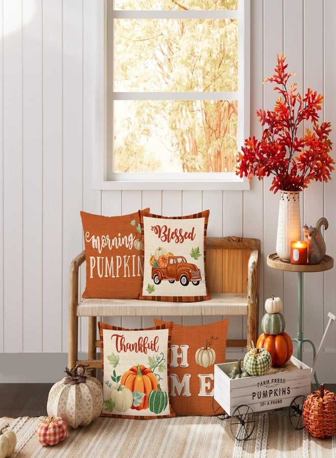 Bonhause Fall Thanksgiving Throw Pillow Covers 18 x 18 Inch Truck Orange Pumpkin Blessed Thankful Decorative Pillowcases for Couch Sofa Fall Decor Set of 4 - Image 2