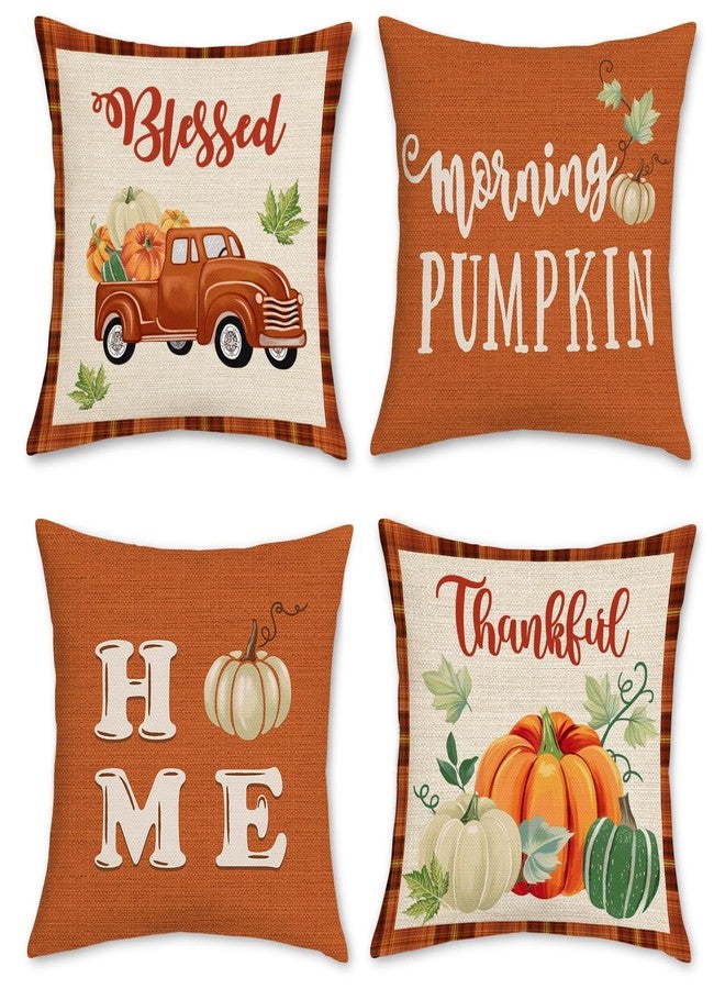 Bonhause Fall Thanksgiving Throw Pillow Covers 18 x 18 Inch Truck Orange Pumpkin Blessed Thankful Decorative Pillowcases for Couch Sofa Fall Decor Set of 4 - Image 1