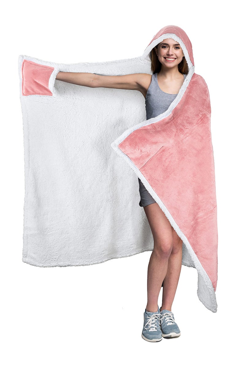 Tirrinia Hooded Blanket Wearable Cuddle Throw Warm Cozy Sherpa Lining 47x73 Sherpa Throw BlanketSolid Flannel