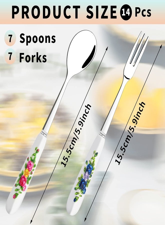 Tivcck 14 Pcs Dessert Silverware Set - Stainless Steel Small Appetizer Forks and Mini Coffee Spoons With Ceramics Handle for Cake, Tea, Salad, Cocktail, Fruit - Image 2