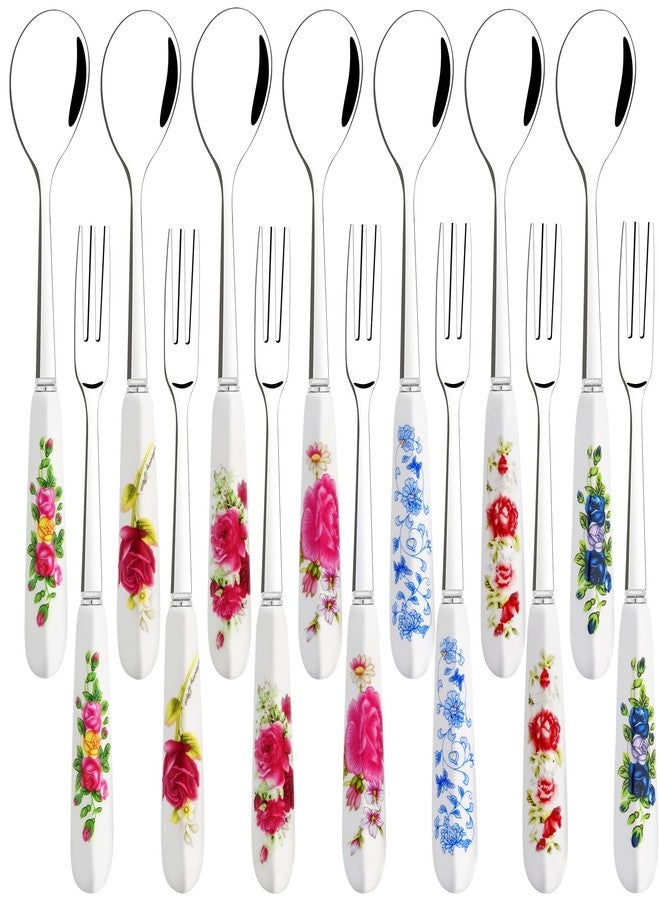 Tivcck 14 Pcs Dessert Silverware Set - Stainless Steel Small Appetizer Forks and Mini Coffee Spoons With Ceramics Handle for Cake, Tea, Salad, Cocktail, Fruit - Image 1