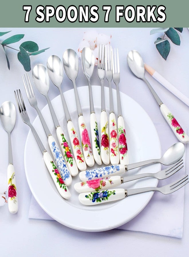Tivcck 14 Pcs Dessert Silverware Set - Stainless Steel Small Appetizer Forks and Mini Coffee Spoons With Ceramics Handle for Cake, Tea, Salad, Cocktail, Fruit - Image 4