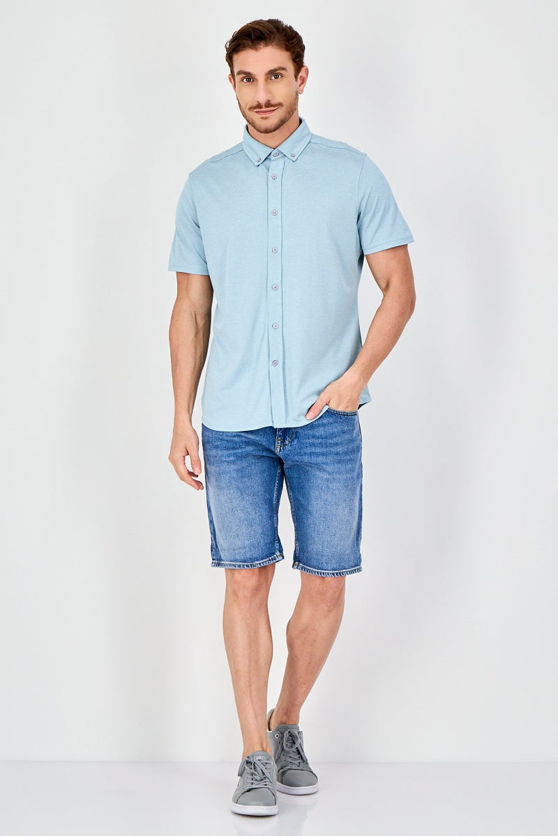 Report Collection Men Regular Fit Heather Short Sleeve Casual Shirt, Light Blue - Image 4