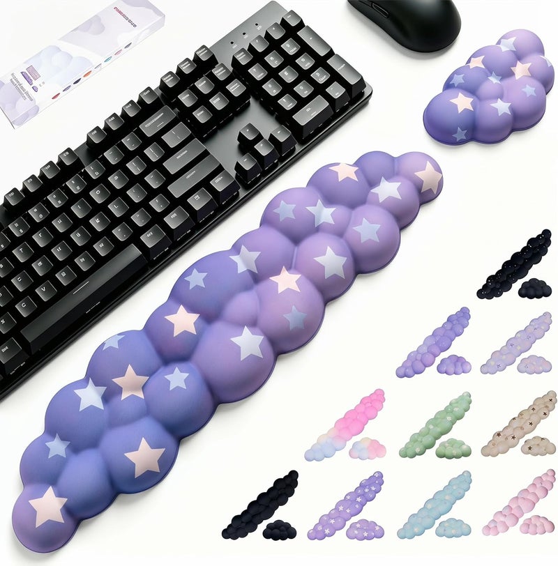 LJYZMD Cloud Wrist Rest Set for Keyboard and Mouse, Includes Cute Coaster, with Computers and Laptops (Gradient Purple Colorful Star Set) - Image 1