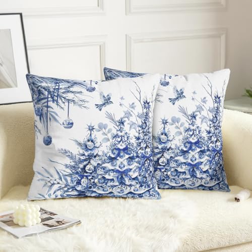 Wnoesat Christmas Tree Pillow Covers 18x18 Set of 2 Winter Blue White Chinoiserie Christmas Decorative Outdoor Throw Pillow Cases Farmhouse Xmas Holiday Pillowcase for Sofa Couch Porch - Image 3
