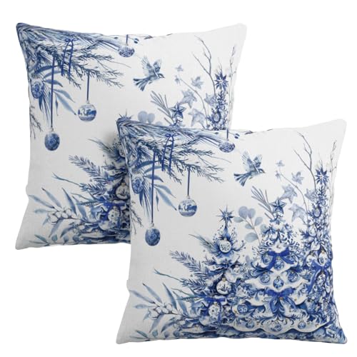 Wnoesat Christmas Tree Pillow Covers 18x18 Set of 2 Winter Blue White Chinoiserie Christmas Decorative Outdoor Throw Pillow Cases Farmhouse Xmas Holiday Pillowcase for Sofa Couch Porch - Image 1