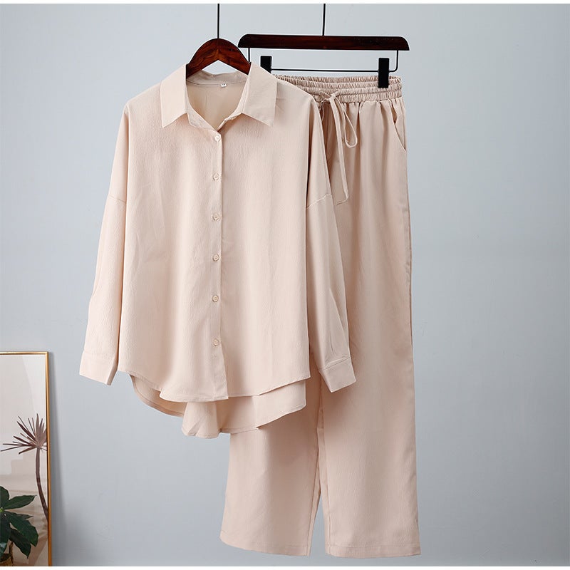 2023 Fashion Loose Elastic Ruched Long Sleeve Shirt and Wide Leg Pants Set for Women Blue - Image 4