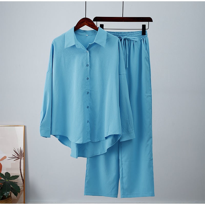 2023 Fashion Loose Elastic Ruched Long Sleeve Shirt and Wide Leg Pants Set for Women Blue - Image 2