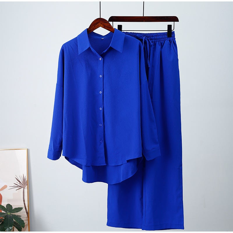 2023 Fashion Loose Elastic Ruched Long Sleeve Shirt and Wide Leg Pants Set for Women Blue - Image 1
