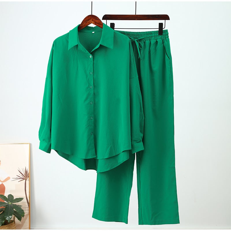 2023 Fashion Loose Elastic Ruched Long Sleeve Shirt and Wide Leg Pants Set for Women Blue - Image 3