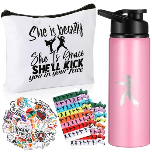 Baderke 68 Pcs Karate Gift Set Taekwondo Gift for Women Include Karate Water Bottle Cosmetic Case Bag Martial Arts Stickers and Hair Ties for Lover DIY Birthday Gift - Image 1