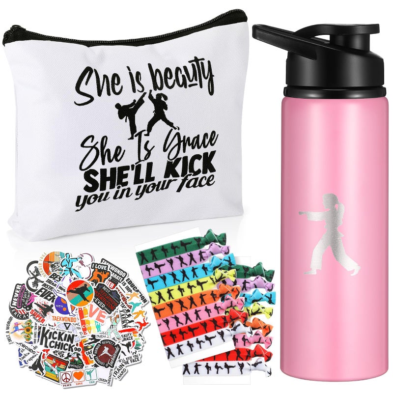 Baderke 68 Pcs Karate Gift Set Taekwondo Gift for Women Include Karate Water Bottle Cosmetic Case Bag Martial Arts Stickers and Hair Ties for Lover DIY Birthday Gift - Image 2