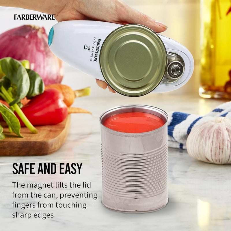 Farberware Compact Battery Operated Hands-Free Automatic Can Opener for any Size Can with Magnet to Safely Remove Lid, Seamless Opening Decreases Sharp Edges for Easily and Safely Opening Cans, Aqua - Image 3