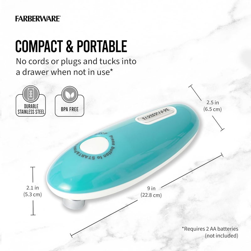 Farberware Compact Battery Operated Hands-Free Automatic Can Opener for any Size Can with Magnet to Safely Remove Lid, Seamless Opening Decreases Sharp Edges for Easily and Safely Opening Cans, Aqua - Image 2