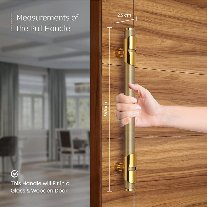 LAPO مقبض باب LAPO بطول 36 بوصة للباب الرئيسي مقبض خشبي زجاجي مقبض سحب ودفع من أنبوب الفولاذ المقاوم للصدأ وقاعدة نحاسية عبوة من 1 تشطيب عتيق ضمان 3 سنوات - Image 3