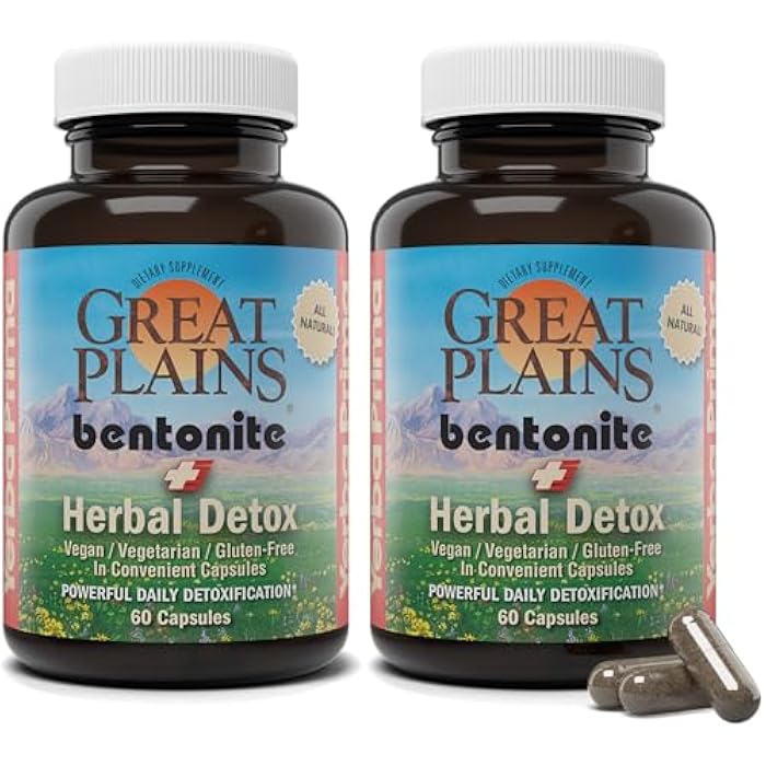 Yerba Prima Bentonite Clay Plus Herbal Detox, 60 Veggie Capsules (Pack of 2) - Use Long Term or as Rapid Detox, Premium Quality Ingredients, Powerful Daily Detoxification, Great Plains Bentonite - Image 1