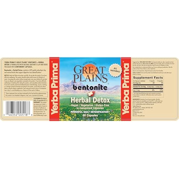 Yerba Prima Bentonite Clay Plus Herbal Detox, 60 Veggie Capsules (Pack of 2) - Use Long Term or as Rapid Detox, Premium Quality Ingredients, Powerful Daily Detoxification, Great Plains Bentonite - Image 2