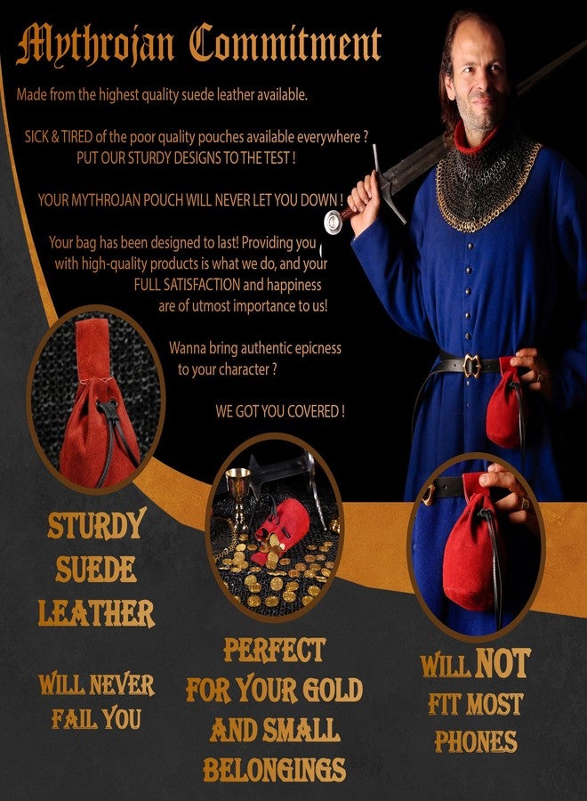 ميثروجان حقيبة حزام برباط من ميثروجان، إكسسوارات أزياء عصر النهضة، حقيبة مجوهرات، محفظة نقود من جلد الغزال، حقيبة خصر فايكنج لألعاب تقمص الأدوار الحية، والمهرجانات، ومهرجانات عصر النهضة، وإعادة تمثيل الأحداث التاريخية - أحمر، 5 بوصات × 6 بوصات - Image 2