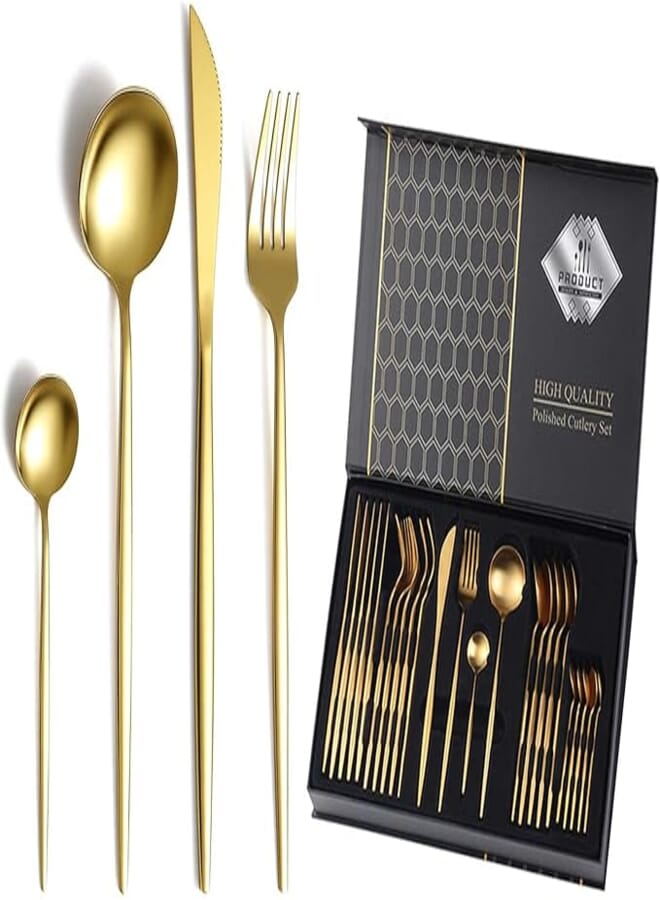 Swift 24-Piece Gold Silverware Cutlery Set | Stainless Steel Flatware for 6 | Gold Spoons and Forks | Mirror Polished Cutlery for Home, Kitchen, Restaurant, Wedding | Dishwasher Safe