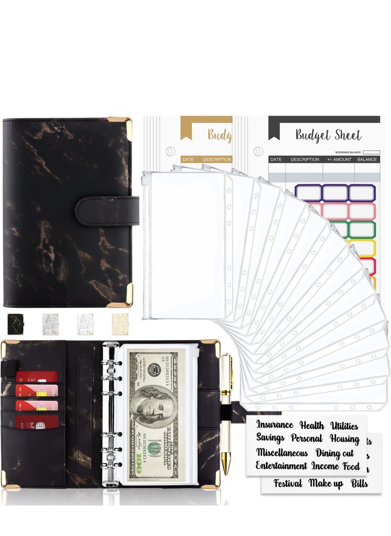 Generic Budget Binder Cash Envelopes for Budgeting Money Organizer for Cash 28Pcs Budget Binder with Cash Envelopes Marble 6-Ring Money Saving Binder (Black)  - Image 1