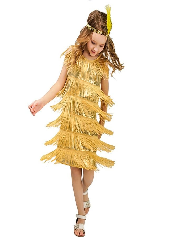 ABAFIP Girl's 1920s Flapper Costume Dress Fringe Tassel Gatsby 20s Halloween Party Concert Music Festival Outfits Dancewear Headband Set Gold 7-9 Years - Image 2