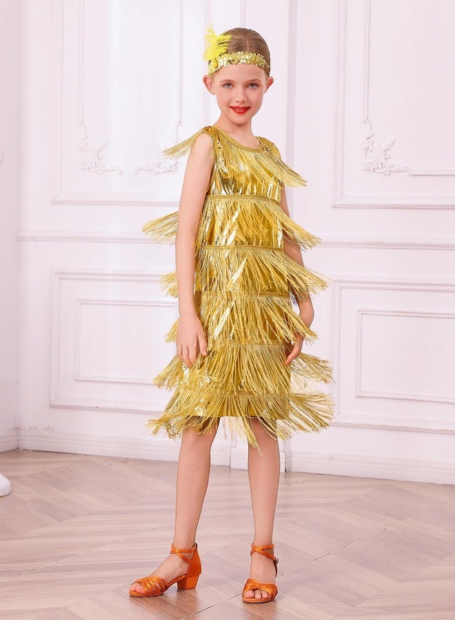 ABAFIP Girl's 1920s Flapper Costume Dress Fringe Tassel Gatsby 20s Halloween Party Concert Music Festival Outfits Dancewear Headband Set Gold 7-9 Years - Image 4