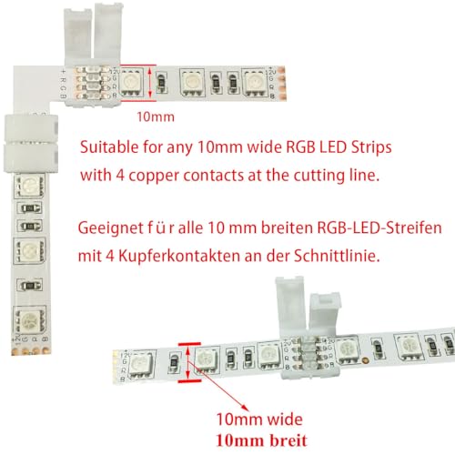 LitaElek 10pcs 4 Pin LED Strip Corner Connector for SMD 5050 RGB LED Strip Light 10mm Wide LED Tape Connector Solderless RGB 5050 LED Ribbon L Shape Connector Right Angle Adapter - Image 2