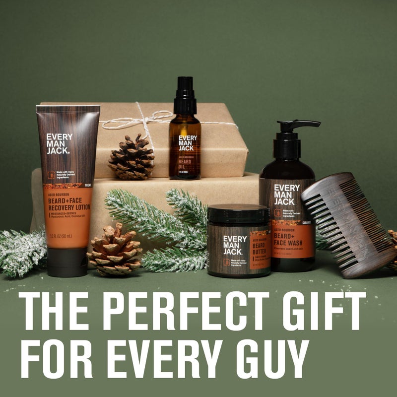 Every Man Jack مجموعة لحية بوربون للرجال من إيفري مان جاك - خمسة مستحضرات تجميل كاملة الحجم لروتين متكامل - غسول لحية + وجه، لوشن لحية + وجه، زيت لحية مرطب، زبدة لحية، ومشط لحية - Image 2