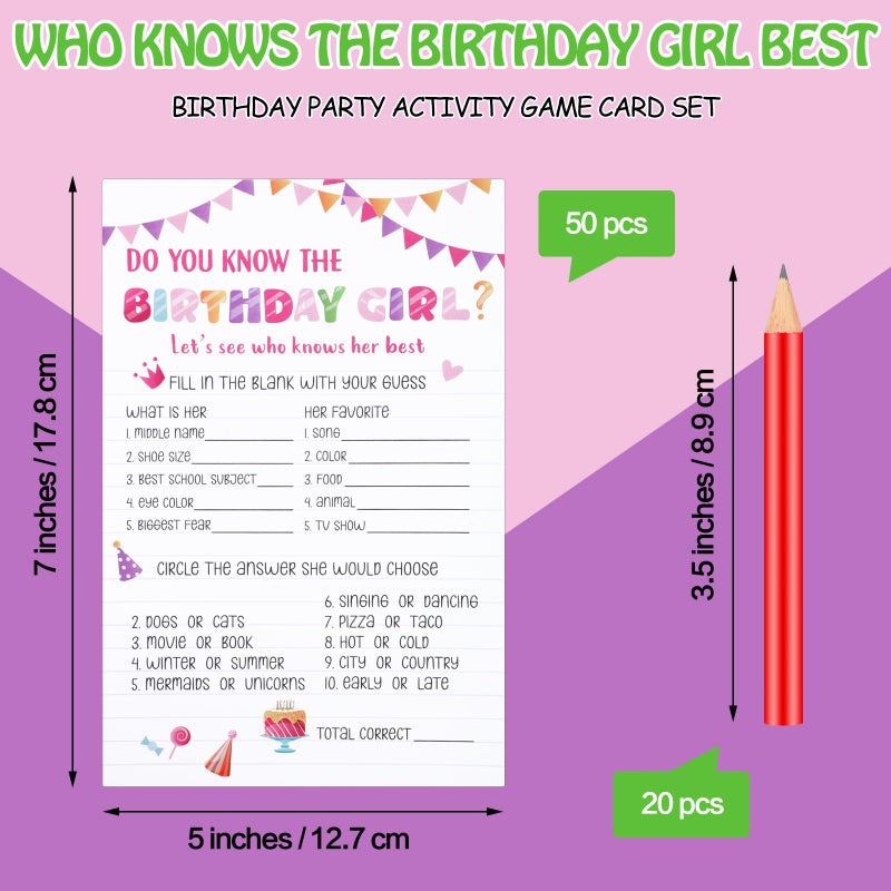 Marspark 50 Pcs Who Knows The Birthday Girl Best Pink Birthday Party Game Cards Set with 20 Pcs Cute Pencils for Teens Girls Night Sweet Sleepover Party Supplies - Image 2