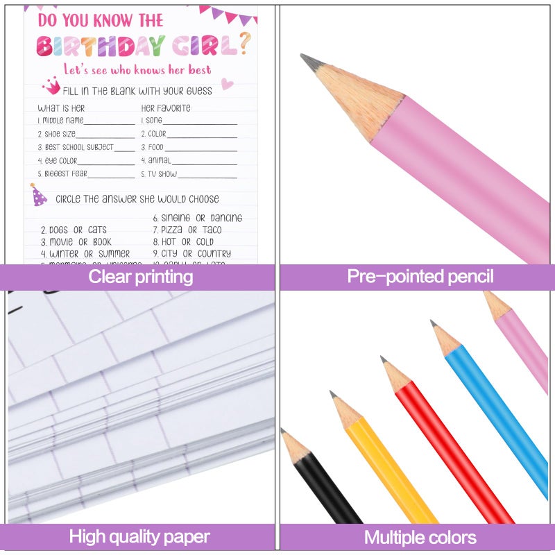 Marspark 50 Pcs Who Knows The Birthday Girl Best Pink Birthday Party Game Cards Set with 20 Pcs Cute Pencils for Teens Girls Night Sweet Sleepover Party Supplies - Image 3