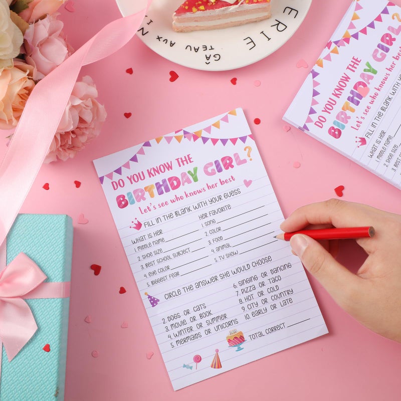 Marspark 50 Pcs Who Knows The Birthday Girl Best Pink Birthday Party Game Cards Set with 20 Pcs Cute Pencils for Teens Girls Night Sweet Sleepover Party Supplies - Image 5