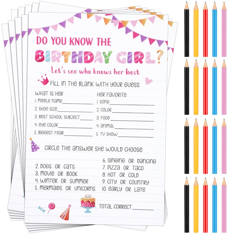 Marspark 50 Pcs Who Knows The Birthday Girl Best Pink Birthday Party Game Cards Set with 20 Pcs Cute Pencils for Teens Girls Night Sweet Sleepover Party Supplies - Image 1