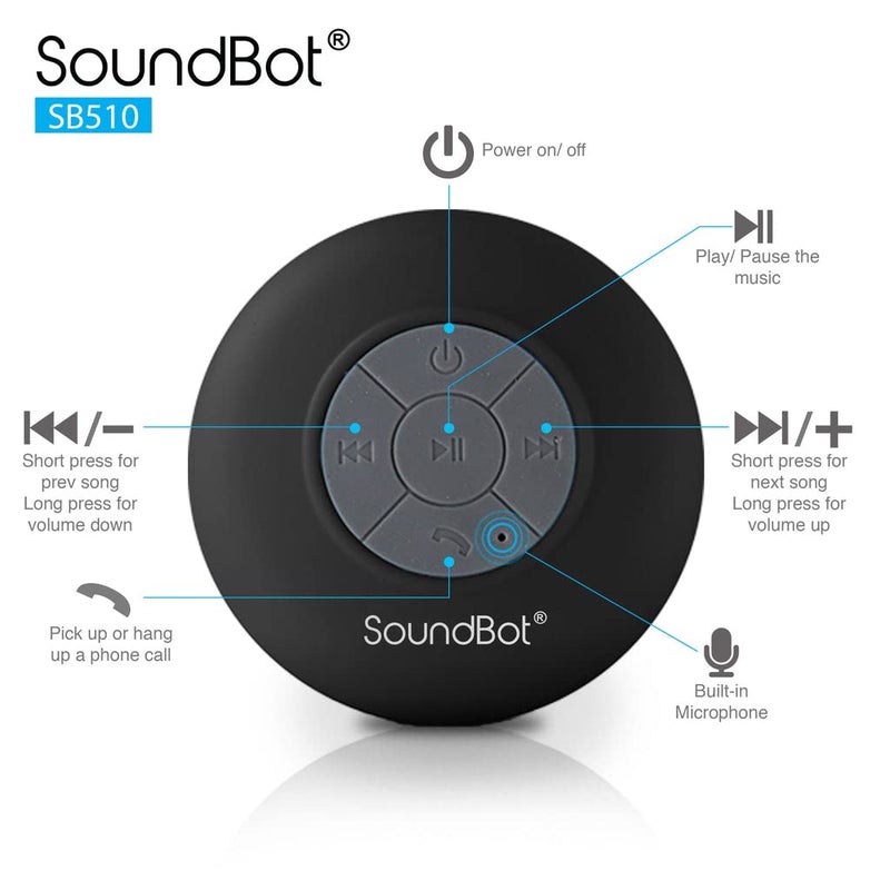 SoundBot سماعة شاور بلوتوث مقاومة للماء Soundbot SB510 HD، سماعة محمولة مع ميكروفون مدمج، 6 ساعات من وقت التشغيل، أزرار تحكم وكوب شفط مخصص للاستحمام (أسود) - Image 5
