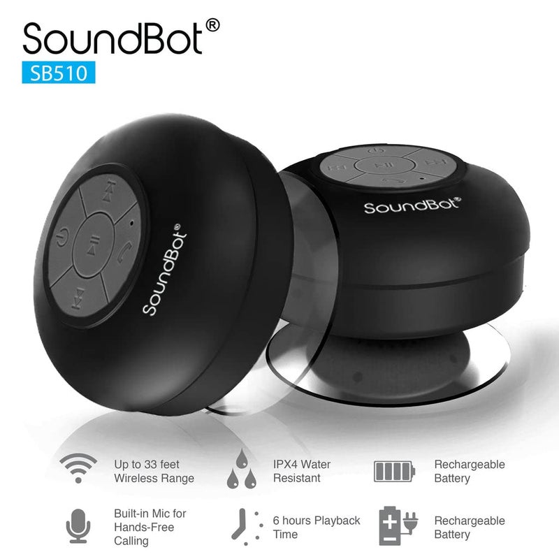 SoundBot سماعة شاور بلوتوث مقاومة للماء Soundbot SB510 HD، سماعة محمولة مع ميكروفون مدمج، 6 ساعات من وقت التشغيل، أزرار تحكم وكوب شفط مخصص للاستحمام (أسود) - Image 4