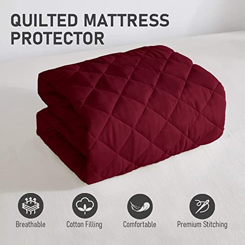 BABYLEE Waterproof Queen Size 72x60 inch Cotton Quilted Mattress Protector Breathable Hypoallergenic Noiseless Ultra Soft Elastic Fitted Bed Protector Mattress/Bed Cover (Wine, Queen (72 * 60")) - Image 2