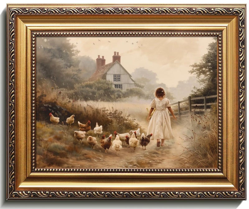 uniro Vintage Gold Framed Wall Art, Farmhouse Wall Decor Chicken Farm Girl Canvas Art Prints Painting, Rustic White Brown Chickens Artwork Picture, Antique Country Wall Decor for Living Room, Bedroom, Bathroom, Office, Vintage Home Decor - 9x12Inch - Image 1