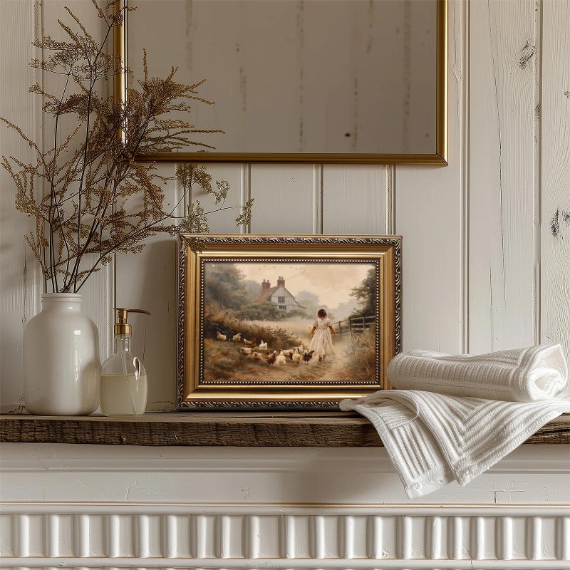 uniro Vintage Gold Framed Wall Art, Farmhouse Wall Decor Chicken Farm Girl Canvas Art Prints Painting, Rustic White Brown Chickens Artwork Picture, Antique Country Wall Decor for Living Room, Bedroom, Bathroom, Office, Vintage Home Decor - 9x12Inch - Image 3