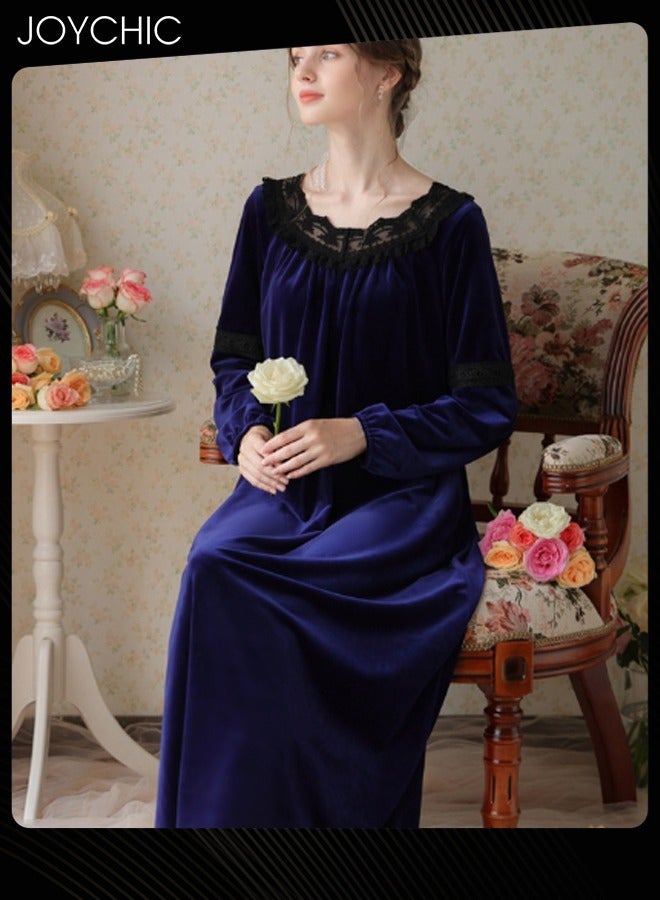 Joychic Long-sleeved Nightgown for Women Winter Palace Style Long Home Dress Gold Velvet Fabric Warm Pajamas Ladies Loose Loungewear Dark Blue - Image 1