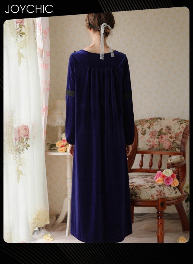 Joychic Long-sleeved Nightgown for Women Winter Palace Style Long Home Dress Gold Velvet Fabric Warm Pajamas Ladies Loose Loungewear Dark Blue - Image 4