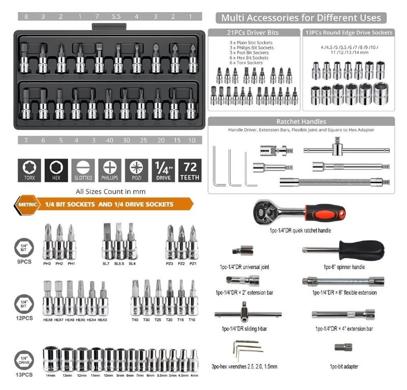 VENEKETY 46 In 1 Pcs Torx Tool Kit & Screwdriver & 1/4'' Square Drive Metric Socket Set Extension Bar And Adapter For Bike, Car Repairs (46-Pieces) - Image 4