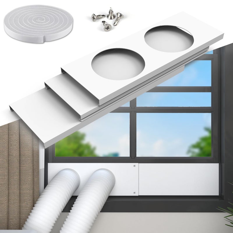 Flamorrow Dual Hose Portable Air Conditioner Window Kit 59 Diameter Adjustable Window Seal Plates with Foam Seal Strip Sliding AC Window Vent Kit for Exhaust Hose White