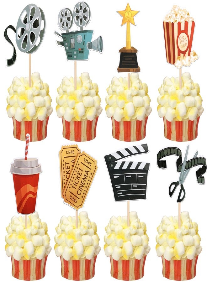 Rsstarxi 40 Pack Movie Cupcake Toppers Movie Night Roll Camera Popcorn Cupcake Picks Decorations for Hollywood Theme Baby Shower Kids Birthday Theme Party Cake Decorations - Image 1