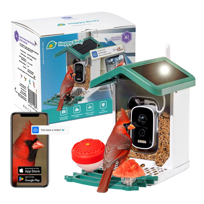 WuzuTech Happy Birdy Smart Bird Feeder with Camera 25K HD Video Wild Bird Feeder with Wall Mount Pole Strap Kit Free AI App IDs 10K Birds Solar Power Panels Infrared Night Vision Weatherproof IP67 - Image 2