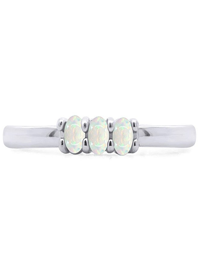 AFFY Three Stone Ring, 1.5MM Round Cut Created Opal Dainty Stackable Engagement Ring In 14k White Gold Plated 925 Sterling Silver Jewelry For Her Ring Size -6 - Image 2