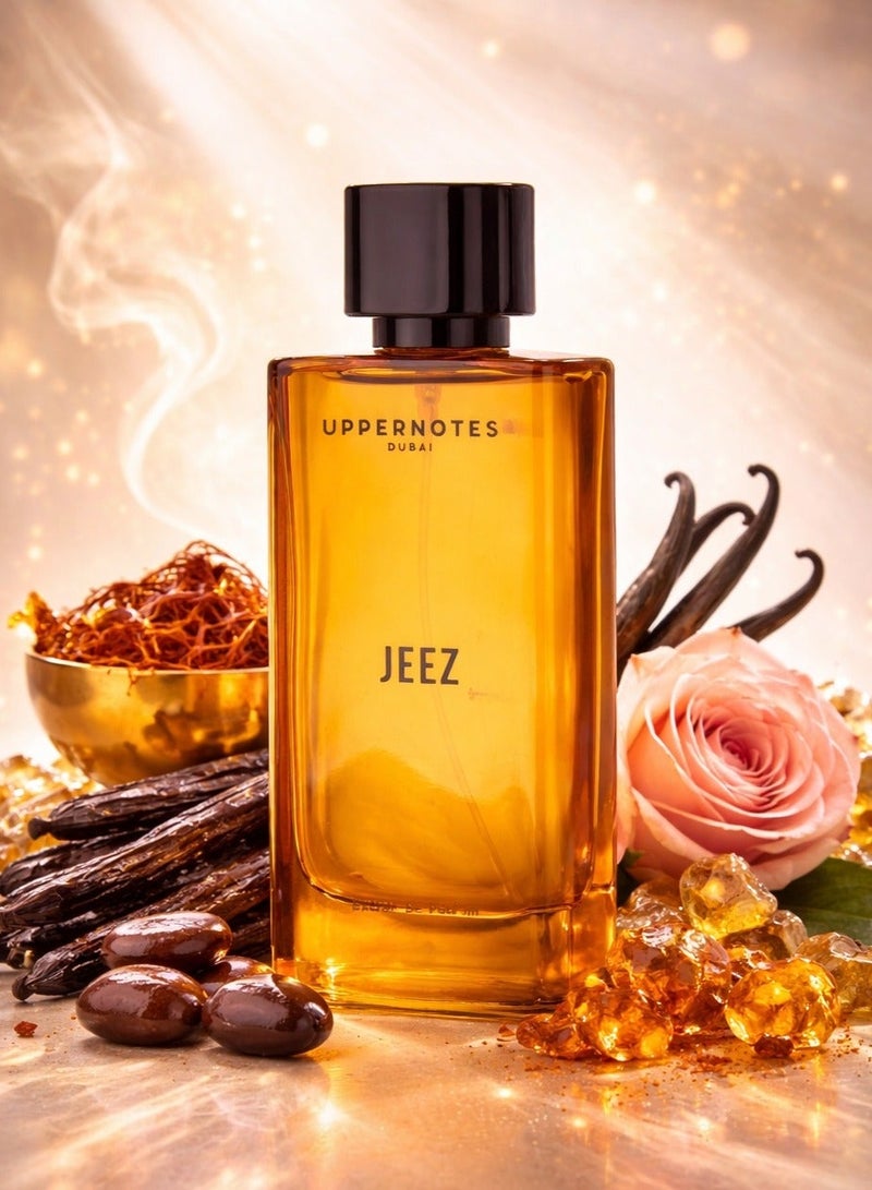 UpperNotes Jeez Extrait De Parfum Unisex 80ml | Saffron Oud Bulgarian Rose Amber Tonka | Ultra Sweet Arabian Long Lasting Fragrance UAE - Image 1