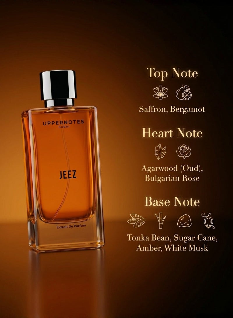UpperNotes Jeez Extrait De Parfum Unisex 80ml | Saffron Oud Bulgarian Rose Amber Tonka | Ultra Sweet Arabian Long Lasting Fragrance UAE - Image 2